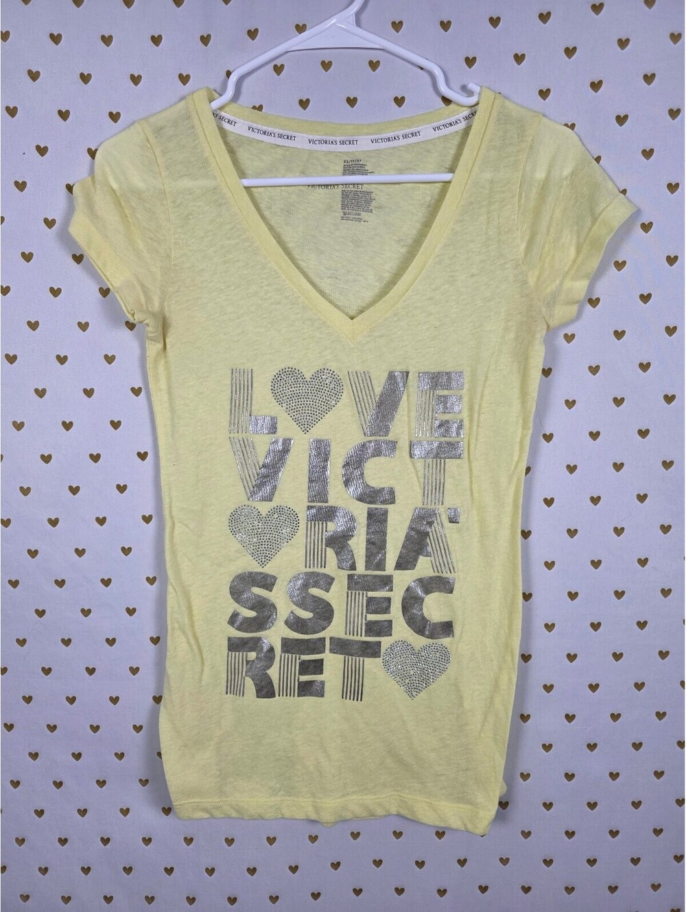 Victorias Secret Yellow V neck Bling Essentials Logo Tee shirt XS